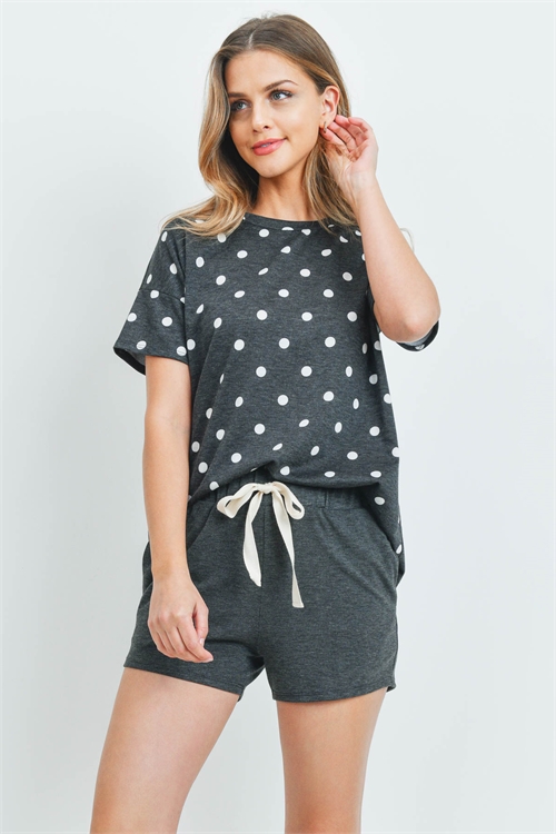 S15-11-3-PPP4051-BKWTCHL-1 - POLKA DOTS STRIPES TOP AND SHORTS SET WITH SELF TIE- BLACK-WHITE/CHARCOAL 0-2-2-2