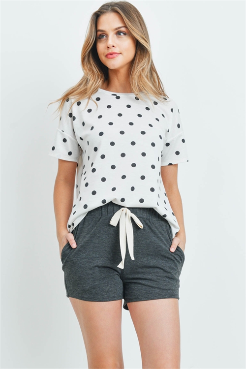 S6-2-1-PPP4051-IVBKCHL - POLKA DOTS STRIPES TOP AND SHORTS SET WITH SELF TIE- IVORY-BLACK/CHARCOAL 1-2-2-2