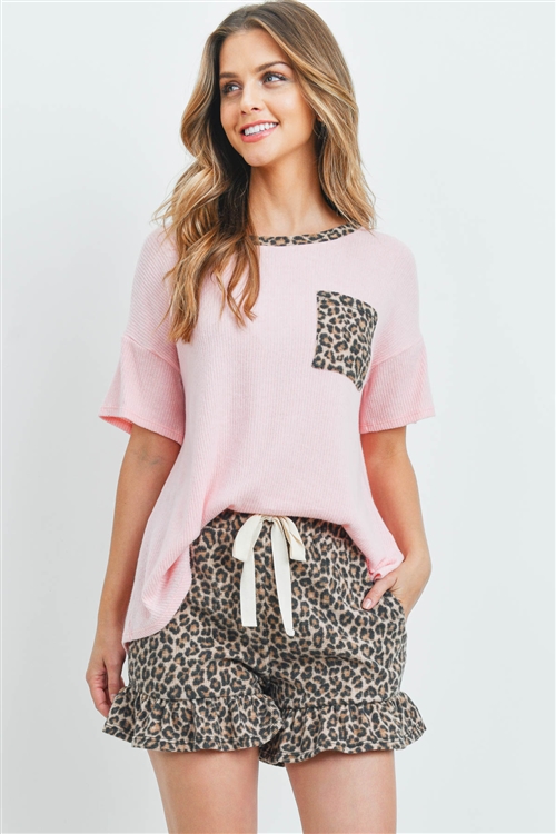 S10-20-3-PPP4053-BPKSTBK-1 - SOLID TOP LEOPARD NECKLINE POCKET  AND SHORTS SET WITH SELF TIE- BABY PINK/STONE BLACK 1-2-2