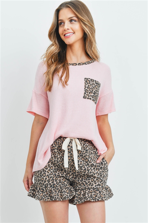 S12-11-1-PPP4053-BPKSTBK - SOLID TOP LEOPARD NECKLINE POCKET  AND SHORTS SET WITH SELF TIE- BABY PINK/STONE BLACK 1-2-2-2
