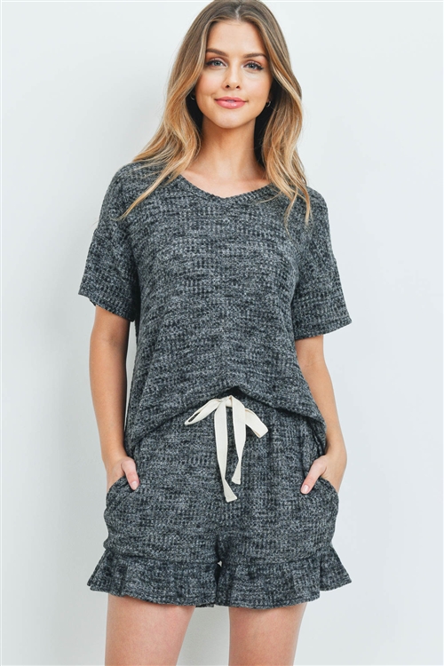 SA3-00-3-PPP4054-BKCHB-1 - WAFFLE TOP AND SHORTS SET WITH SELF TIE- BLACK CHAMBRAY 0-0-1-1