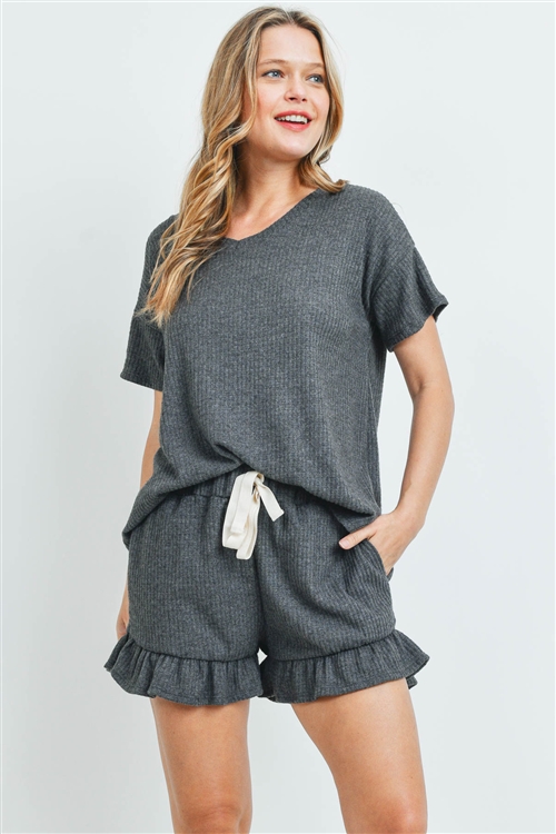 S10-17-3-PPP4054-CHL2-1 - WAFFLE TOP AND SHORTS SET WITH SELF TIE- CHARCOAL2T 1-2-2-1