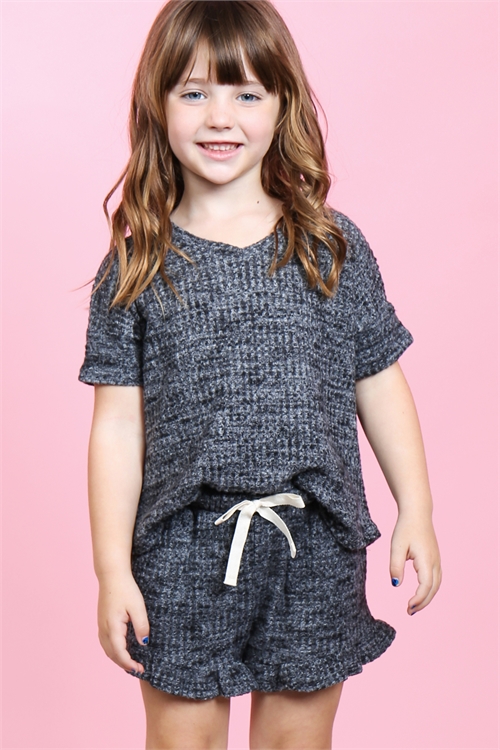 S8-13-3-PPP4054T-BKCHB - KIDS GIRLS WAFFLE TOP AND SHORTS SET WITH SELF TIE- BLACK/CHAMBRAY 2-2-2-2