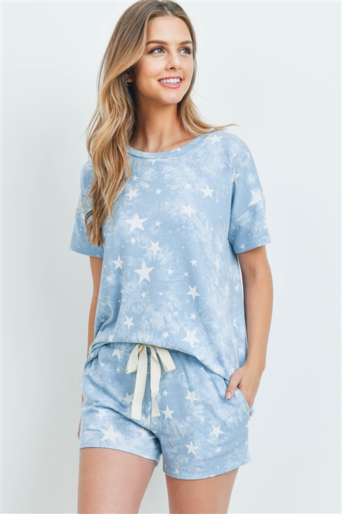 S10-10-2-PPP4055-CPIV-1 - TIE DYE STAR PRINT TOP AND SHORTS SET WITH SELF TIE- CAPRI/IVORY 2-1-2