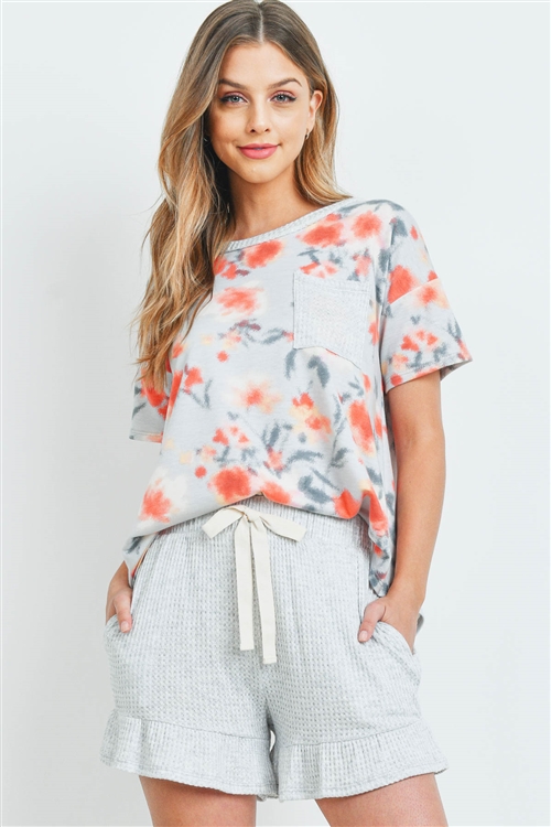 S8-12-3-PPP4056-ATSLVCRLHGLT -FLORAL TOP WAFFLE TOP AND SHORTS SET WITH SELF TIE- ANTIQUE SILVER-CORAL/HEATHER GREY LIGHT 1-2-2-2