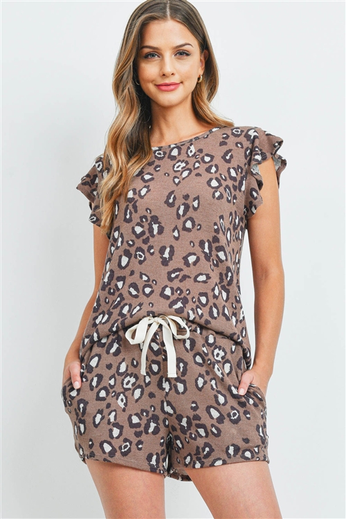 S15-12-1-PPP4057-BWNCB-1 - LEOPARD RUFFLE CAP SLEEVES TOP AND SHORTS SET WITH SELF TIE- BROWN COMBO 0-1-0-2