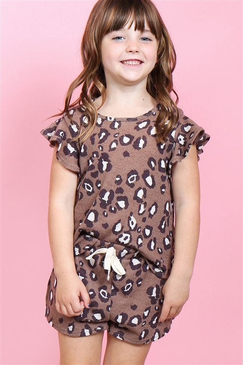 S11-6-4-PPP4057T-BR -TODDLER GIRLS LEOPARD RUFFLE CAP SLEEVES TOP AND SHORTS SET WITH SELF TIE-BROWN 2-2-2-2