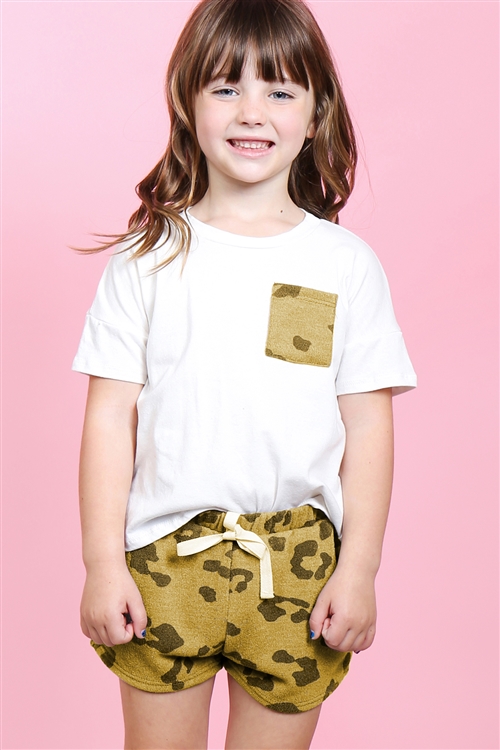 S13-11-1-PPP4058T-IVMU - KIDS GIRLS SOLID TOP LEOPARD POCKET AND SHORTS SET WITH SELF TIE- IVORY/MUSTARD 2-2-2-2