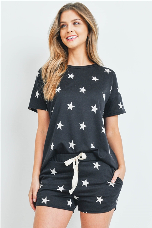 S15-2-2-PPP4059-BK - TOP AND SHORTS STAR PRINT SET WITH SELF TIE- BLACK 1-2-2-2