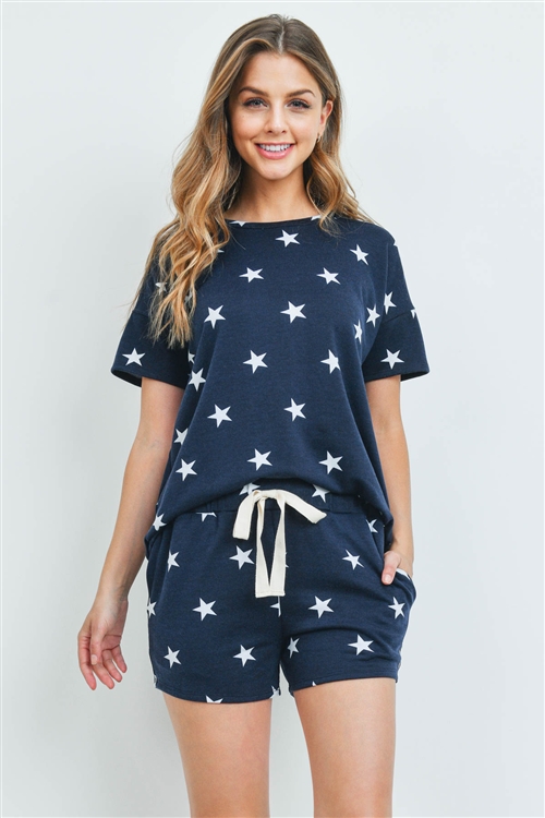 S14-8-4-PPP4059-NV-1 - TOP AND SHORTS STAR PRINT SET WITH SELF TIE- NAVY 2-2-2