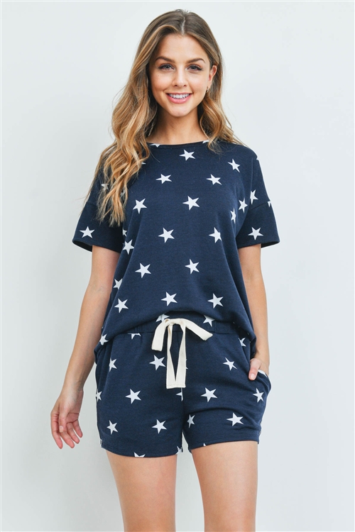 S15-3-1-PPP4059-NV - TOP AND SHORTS STAR PRINT SET WITH SELF TIE- NAVY 1-2-2-2