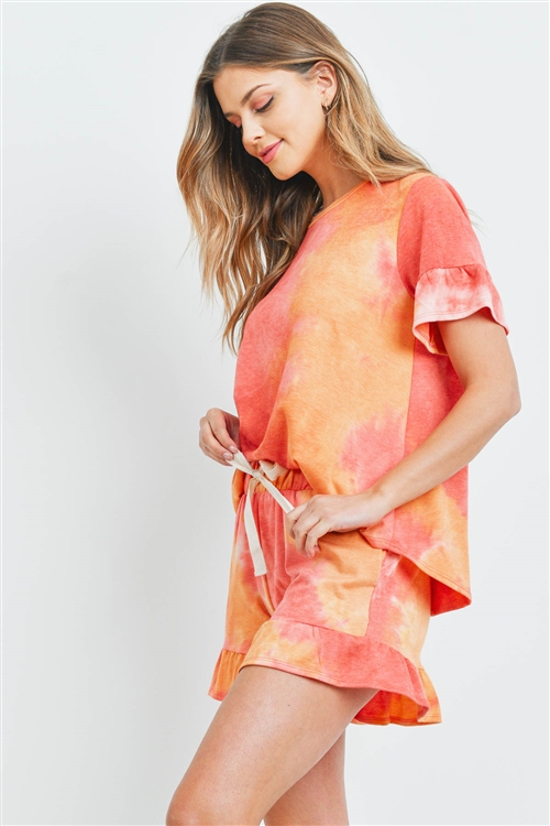 S8-5-3-PPP4061-CRL - SHORT SLEEVES TOP AND SHORTS TIE DYE SET WITH SELF TIE- CORAL 1-2-2-2