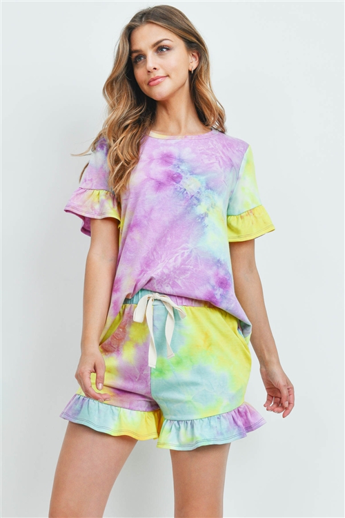 S9-18-1-PPP4061-MGTYLW-1 - SHORT SLEEVES TOP AND SHORTS TIE DYE SET WITH SELF TIE- MAGENTA/YELLOW 2-2-2