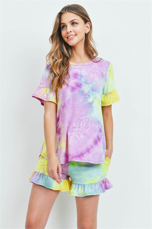 C42-B-PPP4061-MGTYLW-A - SHORT SLEEVES TOP AND SHORTS TIE DYE SET WITH SELF TIE- MAGENTA/YELLOW 0-10-4-0
