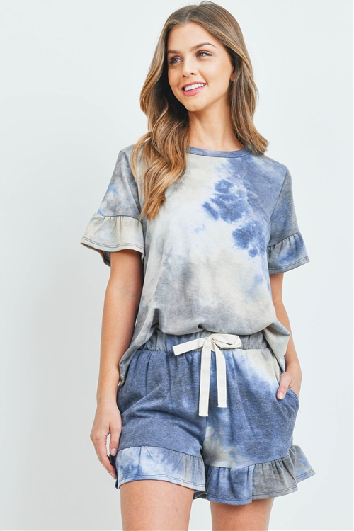 S9-18-1-PPP4061-NV-1 - SHORT SLEEVES TOP AND SHORTS TIE DYE SET WITH SELF TIE- NAVY 1-2-1