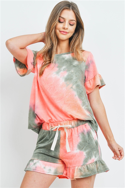 S8-9-4-PPP4061-OVCRL - SHORT SLEEVES TOP AND SHORTS TIE DYE SET WITH SELF TIE- OLIVE/CORAL 1-2-2-2