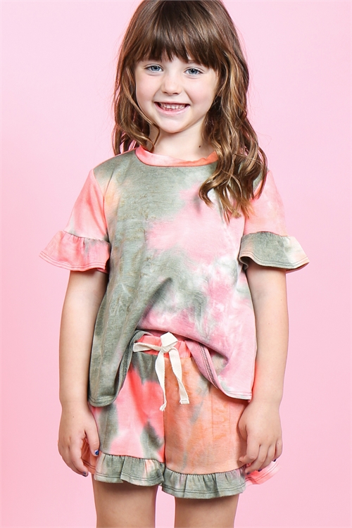 S14-5-3-PPP4061T-OVCRL - TODDLER GIRLS SHORT SLEEVES TOP AND SHORTS TIE DYE SET WITH SELF TIE- OLIVE/CORAL 2-2-2-2