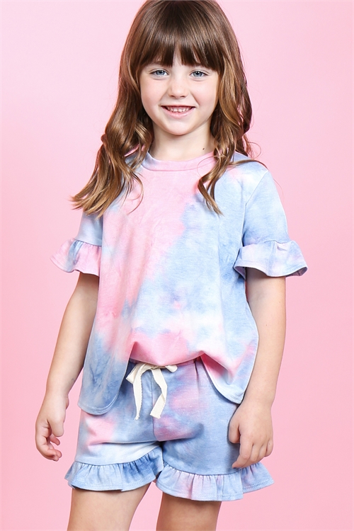 S13-6-2-PPP4061T-PKDNM - TODDLER GIRLS SHORT SLEEVES TOP AND SHORTS TIE DYE SET WITH SELF TIE- PINK/DENIM 2-2-2-2