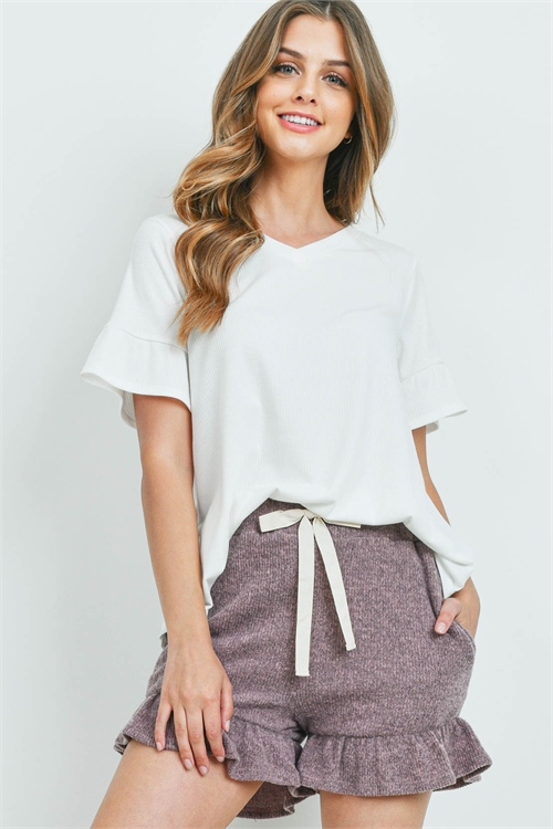 S10-17-1-PPP4062-OFWMV-1 - RIB DETAIL TOP AND HACCI BRUSHED SHORTS SET WITH SELF TIE- OFF-WHITE/MAUVE 1-0-2-0