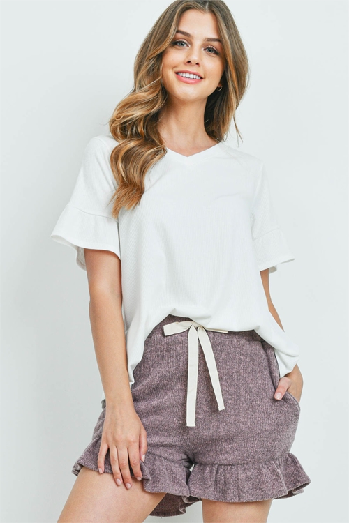 S5-9-1-PPP4062-OFWMV - RIB DETAIL TOP AND HACCI BRUSHED SHORTS SET WITH SELF TIE- OFF-WHITE/MAUVE 1-2-2-2
