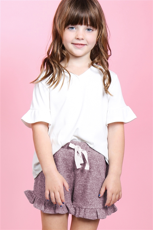 S15-5-4-PPP4062T-OFWMV - KIDS GIRLS RIB DETAIL TOP AND HACCI BRUSHED SHORTS SET WITH SELF TIE- OFF-WHITE/MAUVE 2-2-2-2