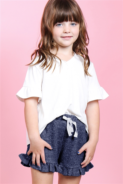 S15-5-4-PPP4062T-OFWNV - KIDS GIRLS RIB DETAIL TOP AND HACCI BRUSHED SHORTS SET WITH SELF TIE- OFF-WHITE/NAVY 2-2-2-2