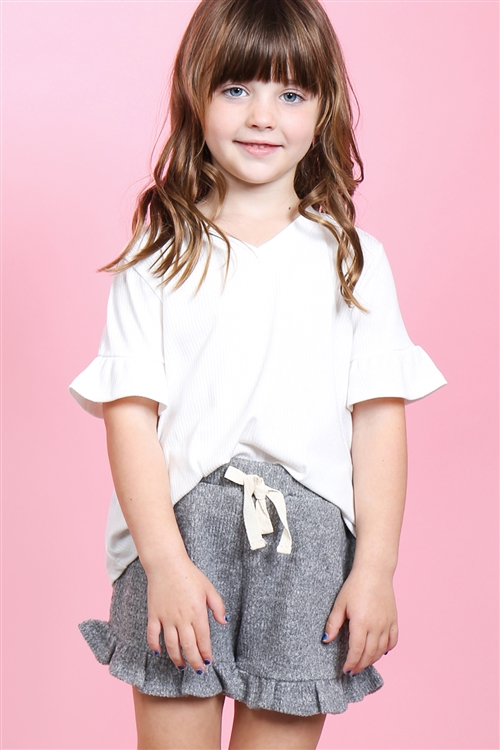 S12-9-3-PPP4062T-OFWOTM-1 - KIDS GIRLS RIB DETAIL TOP AND HACCI BRUSHED SHORTS SET WITH SELF TIE- OFF-WHITE/OATMEAL 2-2-1