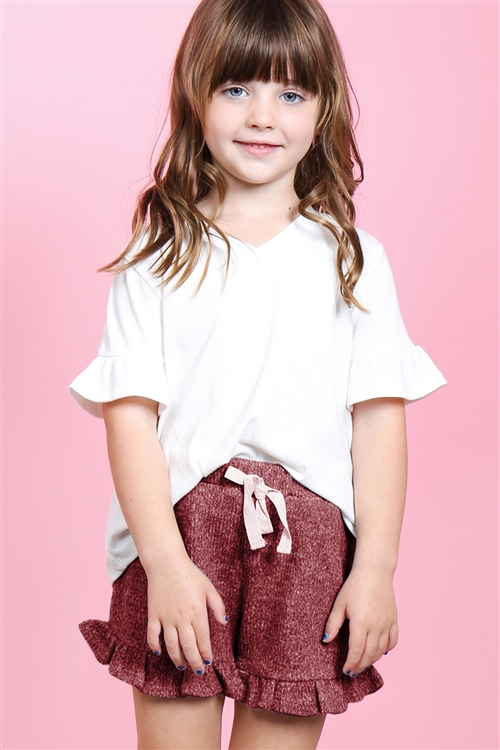 S15-6-2-PPP4062T-OFWWN - KIDS GIRLS RIB DETAIL TOP AND HACCI BRUSHED SHORTS SET WITH SELF TIE- OFF-WHITE/WINE 2-2-2-2