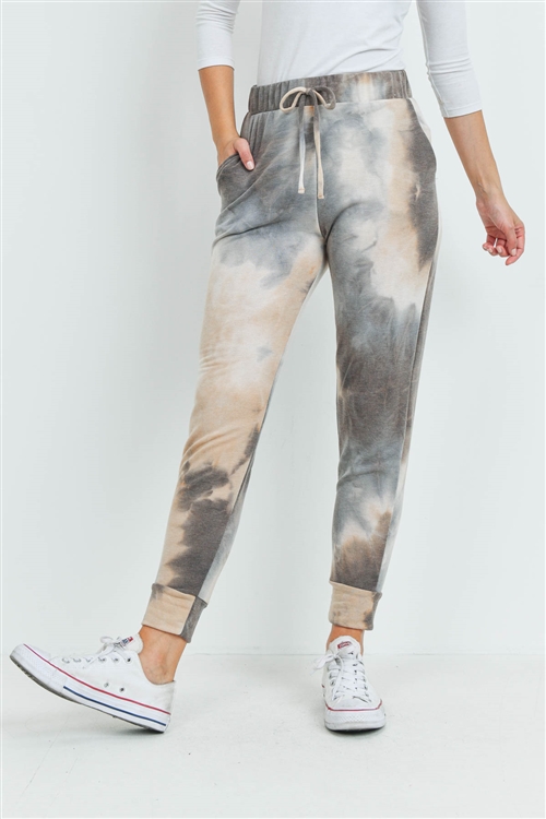 S15-8-4-PPP4067-TPBWN-1 - TIE DYE JOGGER PANTS WITH SELF TIE- TAUPE/BROWN 0-2-2-2