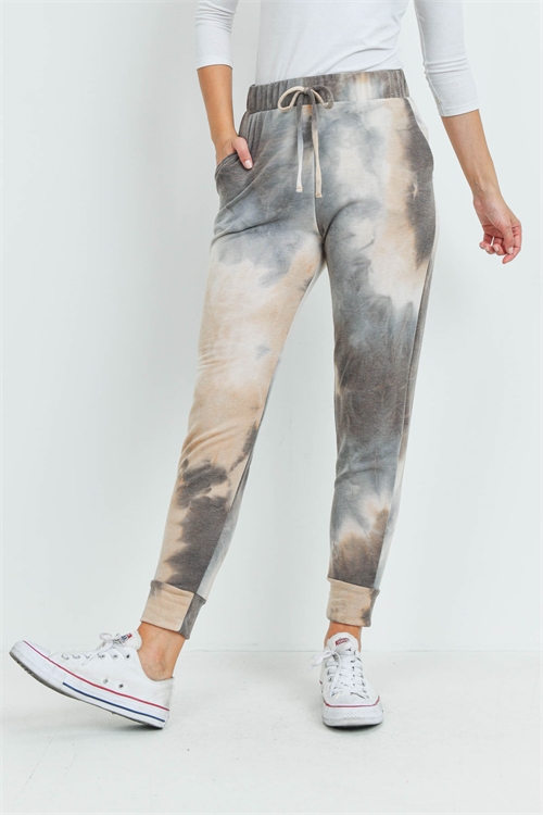 S16-1-5-PPP4067-TPBWN - TIE DYE JOGGER PANTS WITH SELF TIE- TAUPE/BROWN 1-2-2-2