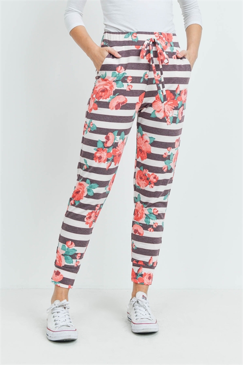 S8-14-3-PPP4068-RBRD - STRIPES FLORAL PRINT JOGGER PANTS WITH SELF TIE- RUBY/RED 1-2-2-2