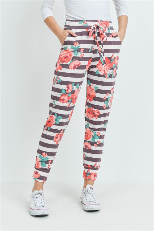 S10-1-5-PPP4068-RBRD-A -STRIPES FLORAL PRINT JOGGER PANTS WITH SELF TIE-RUBY/RED 1-2-1-2