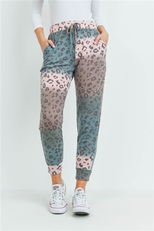 S15-8-4-PPP4069-TLPCHBWN-1 - OMBRE LEOPARD PRINT JOGGER PANTS WITH SELF TIE- TEAL/PEACH/BROWN 0-2-2-2
