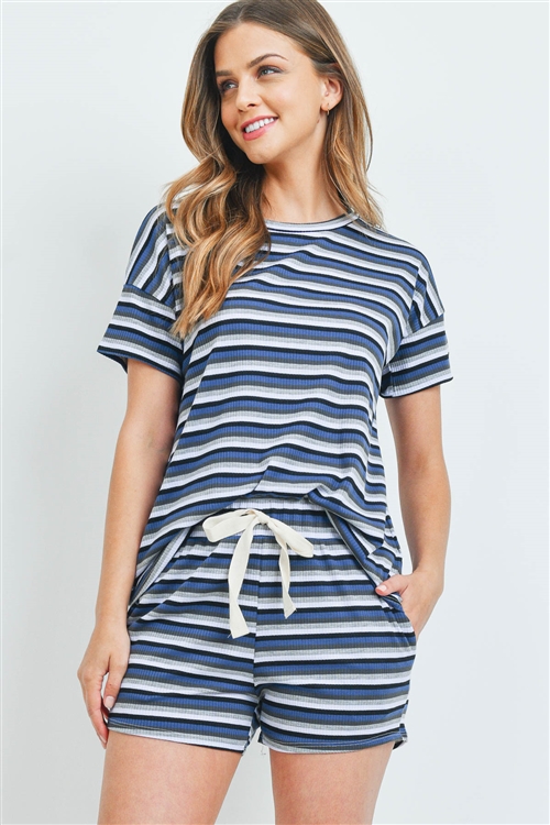 S8-11-2-PPP4073-DNM - MULTI-COLOR STRIPES TOP AND SHORTS SET WITH SELF TIE- DENIM 1-2-2-2
