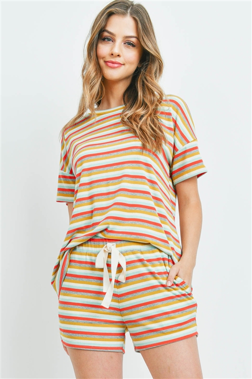 S10-14-3-PPP4073-HGDCRLMNT - MULTI-COLOR STRIPES TOP AND SHORTS SET WITH SELF TIE- HEATHERY GREY/DARK CORAL/MINT/MUSTARD 1-2-2-2