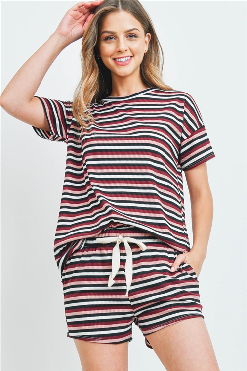 S9-13-2-PPP4074-BLSBUBK - STRIPES TOP AND SHORTS SET WITH SELF TIE- BLUSH/BURGUNDY/BLACK 1-2-2-2