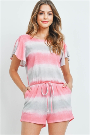 S13-9-1-PPP4078-FCHGY-1 - KEYHOLE BACK TIE DYE BUTTERFLY SLEEVE ROMPER WITH SELF TIE- FUCHSIA/GREY 1-1-2-1