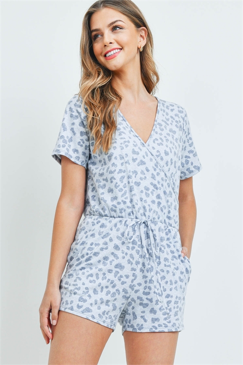 S9-14-3-PPP4079-BLCB-1 - SURPLICE NECKLINE LEOPARD ROMPER WITH SELF TIE- BLUE COMBO 0-2-2-2