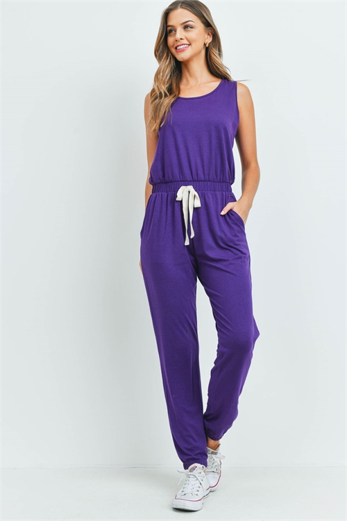 S10-20-3-PPP4080-DKPPL-1 - KEYHOLE BACK SOLID TANK TOP AND JOGGER SET WITH SELF TIE- DARK PURPLE 0-0-2-2
