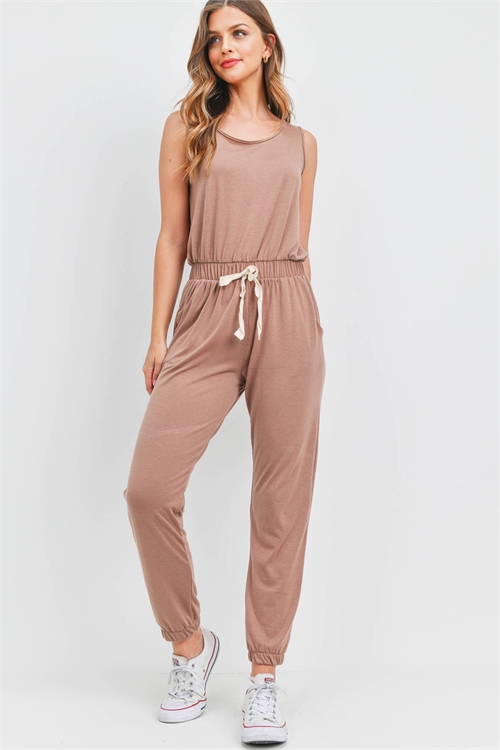 S10-20-3-PPP4080-MCN-1 - KEYHOLE BACK SOLID TANK TOP AND JOGGER SET WITH SELF TIE- MOCHA NEW 1-2-0-2