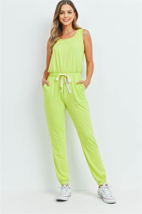 S10-20-3-PPP4080-LM-1 - KEYHOLE BACK SOLID TANK TOP AND JOGGER SET WITH SELF TIE- VINTAGE LIME 0-1-2-0