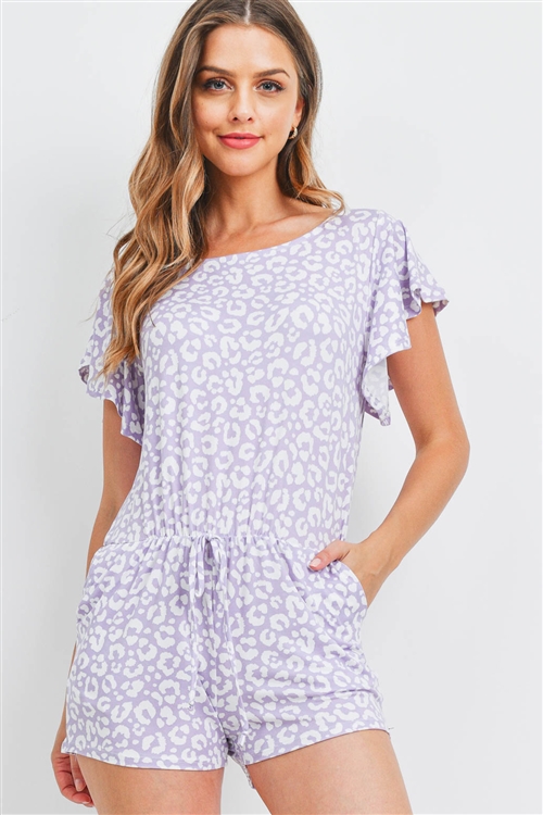 S9-20-1-PPP4081-LVD-1 - LEOPARD BUTTERFLY SLEEVE KEYHOLE BACK ROMPER WITH SELF TIE- LAVENDER 0-0-2-2