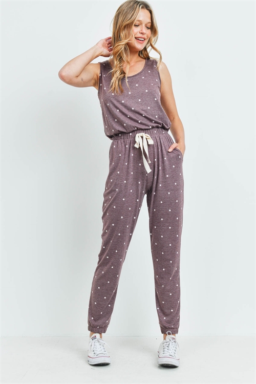 S10-19-1-PPP4085-BUIV-1 - TWO TONED POLKA DOT TANK TOP AND JOGGER SET WITH SELF TIE- BURGUNDY-IVORY 0-2-2-0