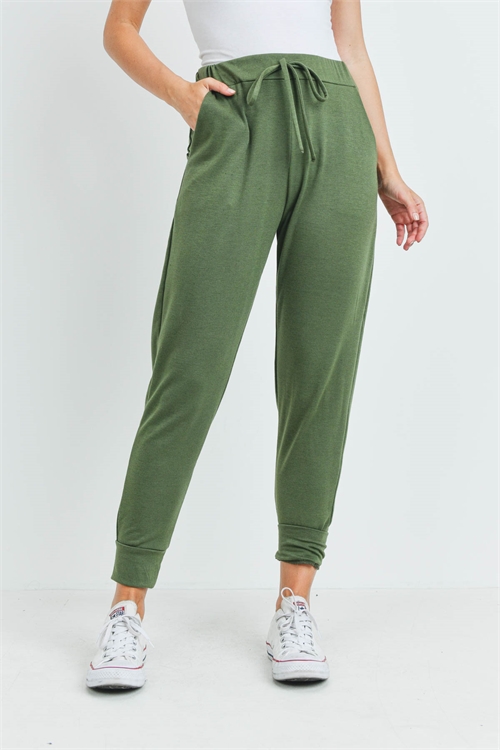 S14-7-2-PPP4087-OV - HIGH-RISE FRENCH TERRY JOGGER WITH SELF TIE- OLIVE 1-2-2-2