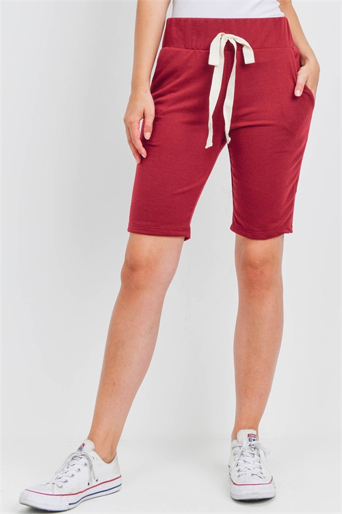 S13-5-4-PPP4093-BU-1 - SOLID SELF TIE SHORTS WITH SIDE POCKETS- BURGUNDY 0-2-2-2