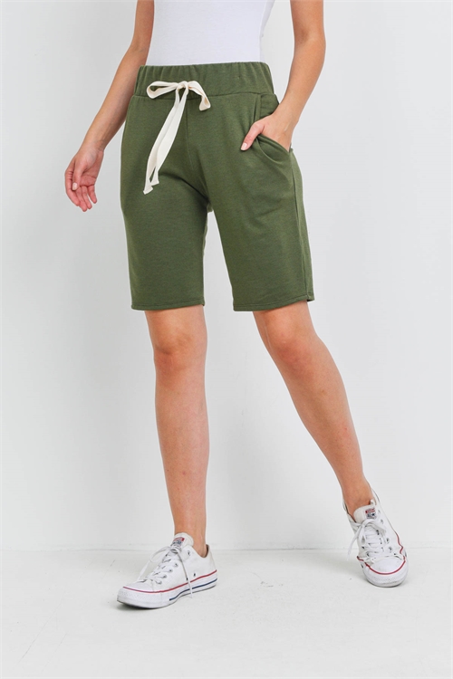 S13-5-4-PPP4093-OV-1 - SOLID SELF TIE SHORTS WITH SIDE POCKETS- OLIVE 0-2-2-2
