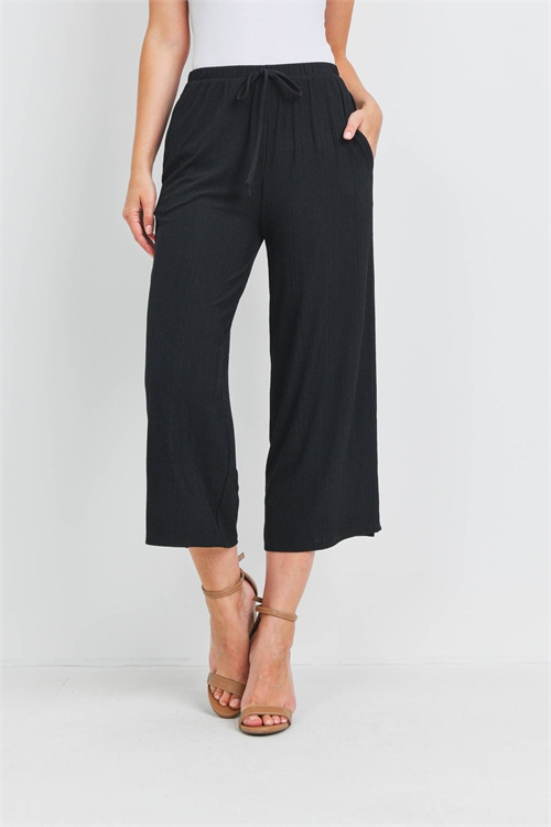 S4-1-4-PPP4094-BK - SOLID WIDE LEG SELF TIE PANTS WITH SIDE POCKETS- BLACK 1-2-2-2
