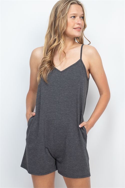 SA3-6-3-PPP4098-CHL - SOLID CAMI STRAP ROMPER WITH SIDE POCKETS- CHARCOAL 1-2-2-2