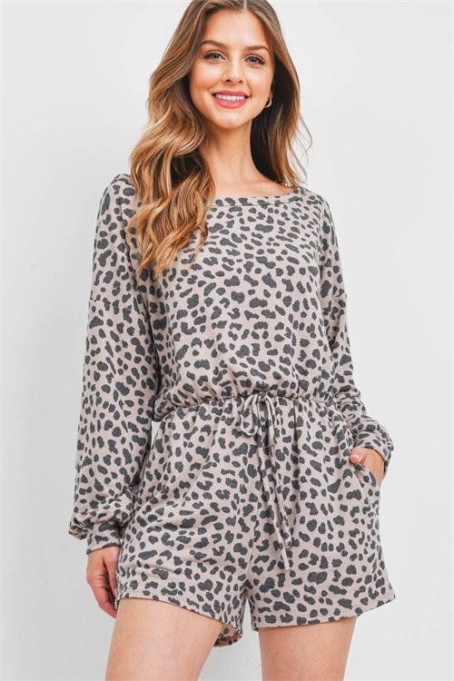 S14-3-1-PPP4099-TP - LONG SLEEVE LEOPARD PRINT SELF TIE ROMPER- TAUPE 1-2-2-2