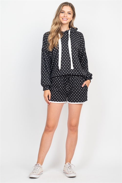 S14-6-2-PPP4103-BKIVIV - HACCI BRUSHED POLKA DOT LONG SLEEVE HOODIE WITH SELF TIE AND SHORTS SET- BLACK-IVORY/IVORY 1-2-2-2